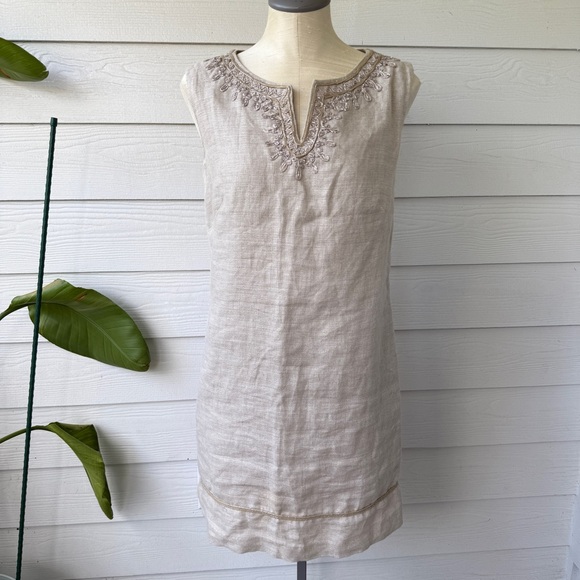 LOFT Dresses & Skirts - LOFT Beige 100% Linen Embellished Sleeveless Dress, Size‎ 2